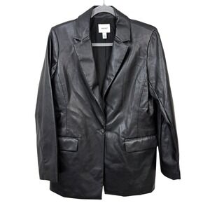 Nine West Women's Black Faux Leather Blazer Jacket Size M Mid-Length Button